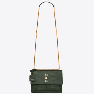 Saint Laurent Sunset Medium Chain Bag In Green Crocodile-embossed Leather