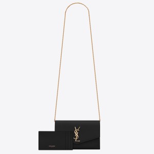 Saint Laurent Uptown Chain Wallet in Black Grained Leather 