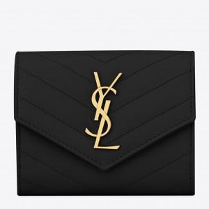 Saint Laurent Cassandre Tri-fold Wallet in Black Matelasse Leather
