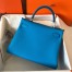 Hermes Kelly Retourne 28 Handmade Bag In Blue Zanzibar Clemence Leather